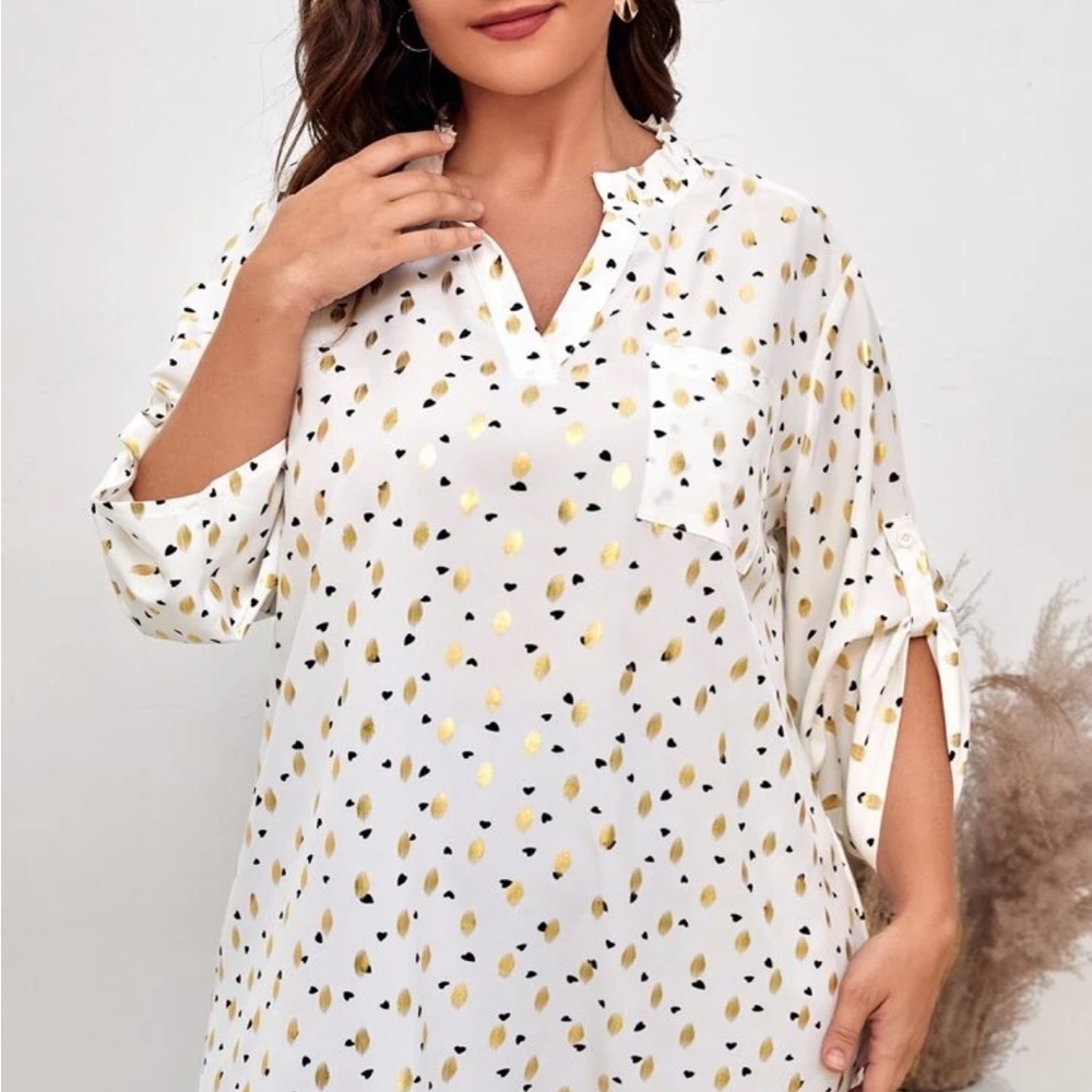 Dot Print Roll Sleeve Blouse